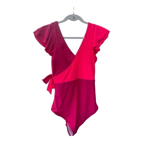 Blooming Jolly Red Pink Flutter Sleeve One Piece Swimsuit Size Large NWT - Picture 3 of 5